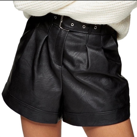 Topshop Pants - TOPSHOP FAUX LEATHER HI- WAIST PLEATED SHORTS  | Black Size 6